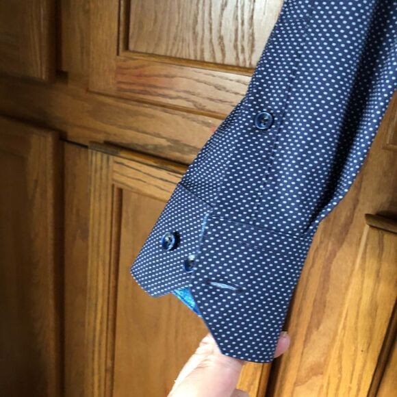 Tallia Navy Blue & White Polka Dot Button Front Paisley Flip Cuff Shirt - S - Picture 7 of 13
